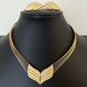 Crown Trifari vintage gold tone enamel necklace and pierced earrings set